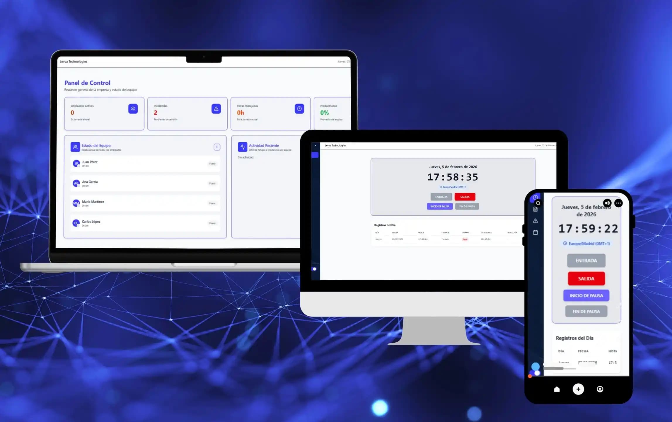 Captura de pantalla del panel de fichaje de EKIPIO